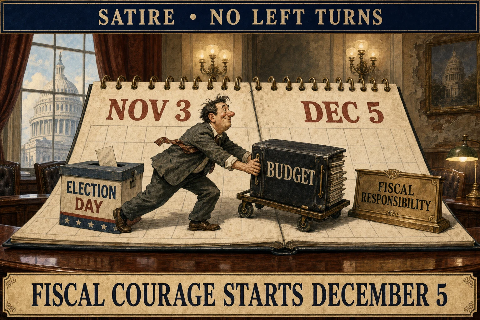 Satirical editorial illustration of the U.S. Capitol, an Election Day ballot box, and a giant calendar scheduling fiscal responsibility for December 5.