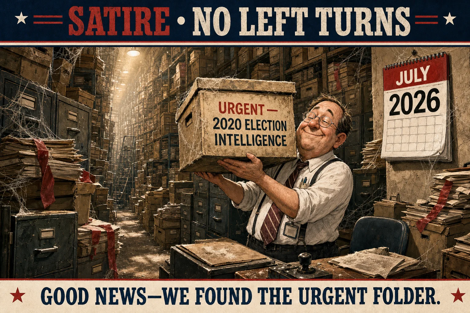 Satirical editorial cartoon of a fictional federal clerk holding a cobwebbed box marked URGENT—2020 ELECTION INTELLIGENCE in July 2026.
