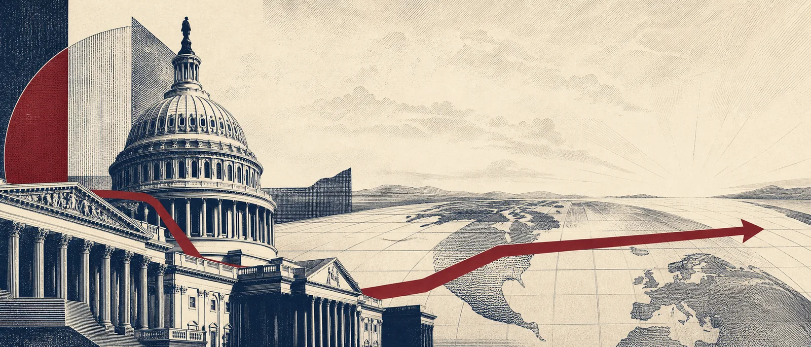 Vintage editorial illustration of the U.S. Capitol, a world map, and a red arrow pointing eastward.
